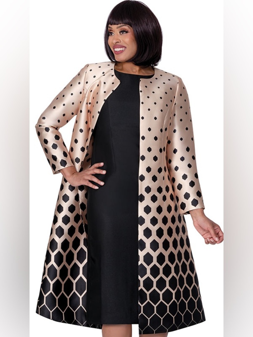 Nubiano Champagne & Black 2-Piece Church Dress Set | Silk-Look Geometric Coat